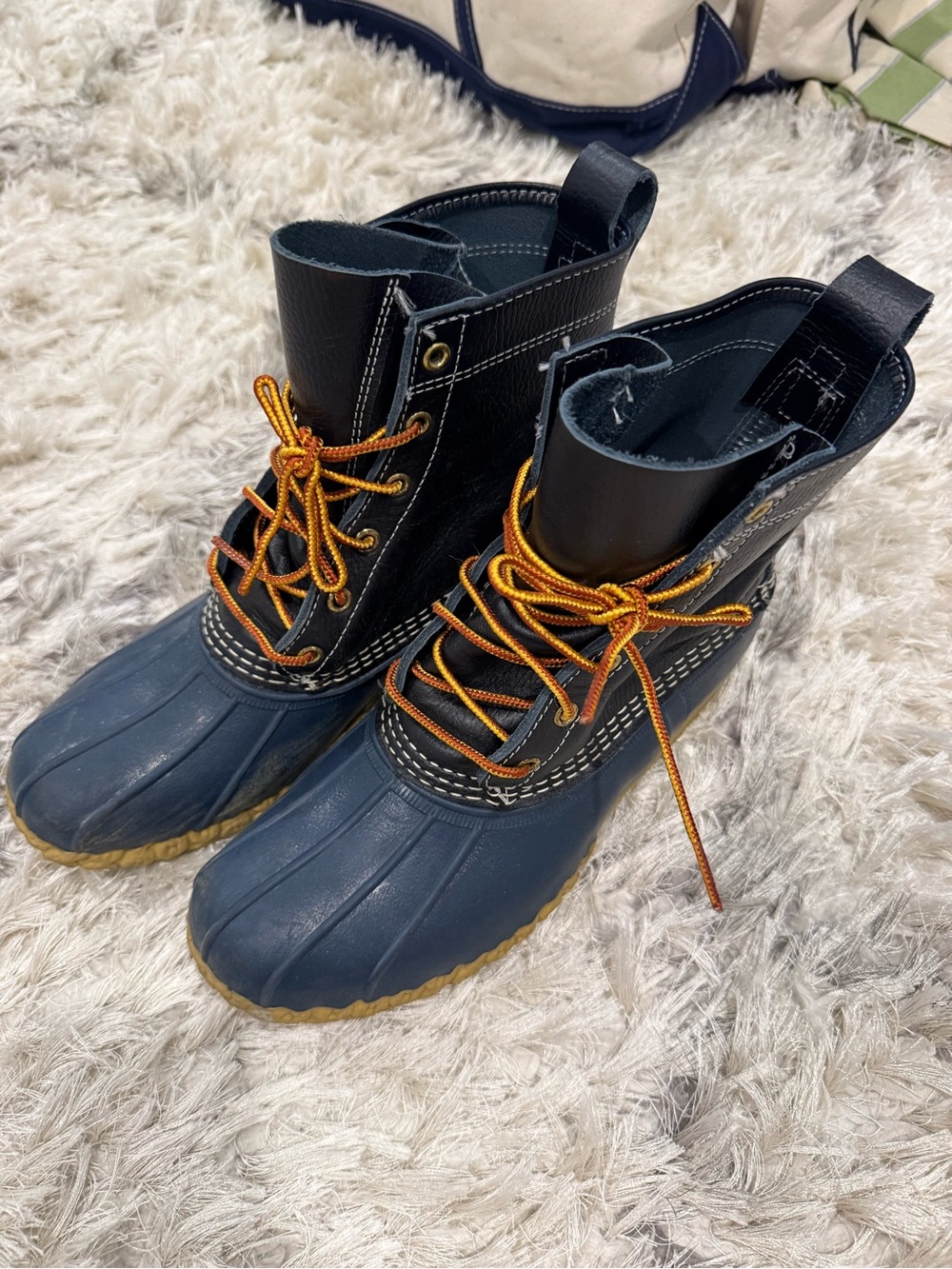 LL Bean Women’s Waterproof Navy Boots with Orange Laces